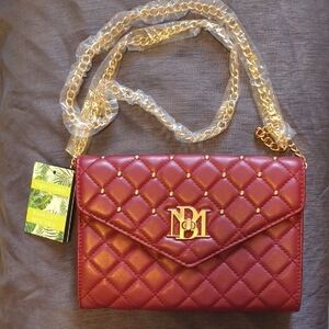 Badgley Mischka Burgundy Quilted Crossbody Bag with Gold Chain